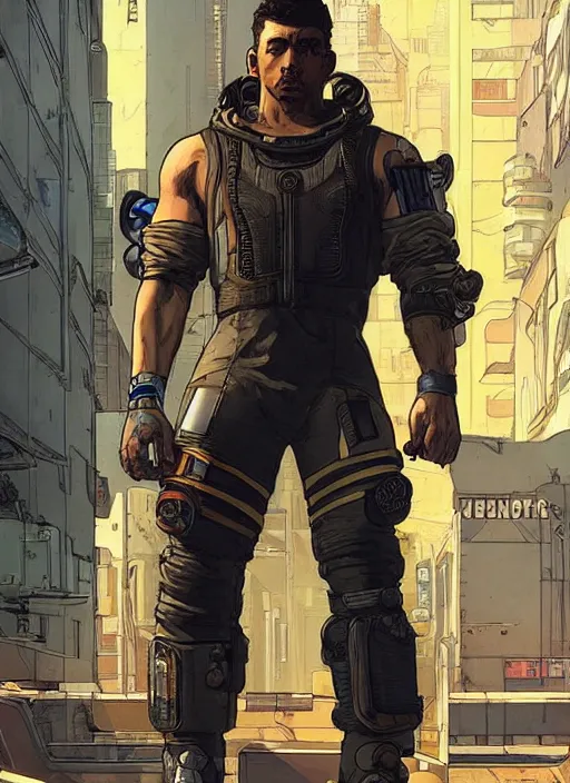 Prompt: hector. apex legends cyberpunk weight lifter. concept art by james gurney and mœbius. cinematic, dramatic lighting ( cyberpunk 2 0 7 7 ), clean aesthetic