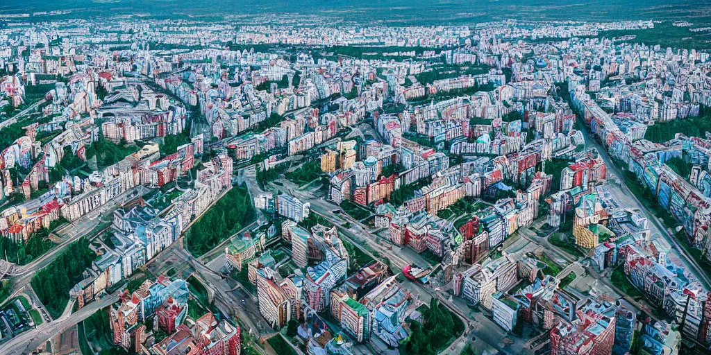 Image similar to bird's eye view photograph of a highrise Russian city, apartments, train station, pond, wide roads