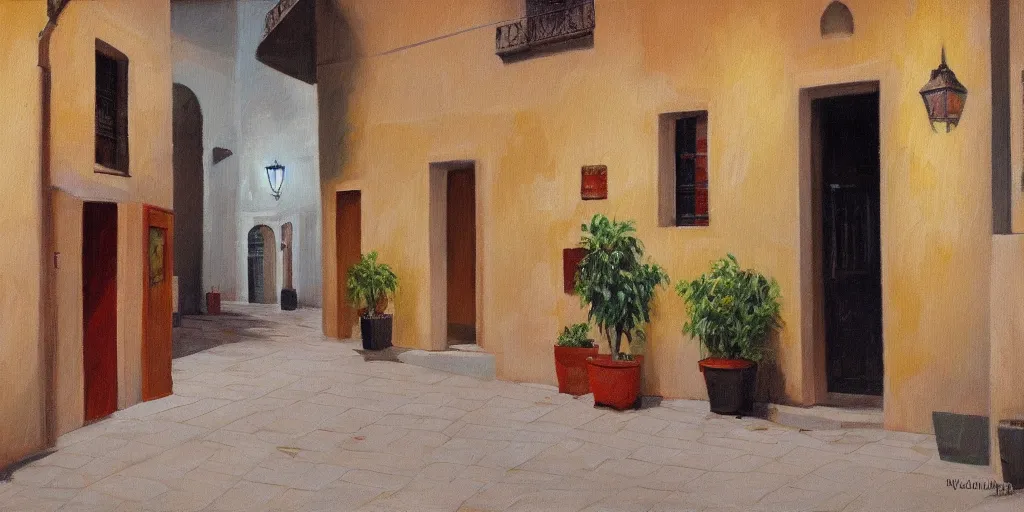 Prompt: hotel entrance in italian town and street outside, empty, in the style of a high quality, atmospheric high, oil, on canvas painting