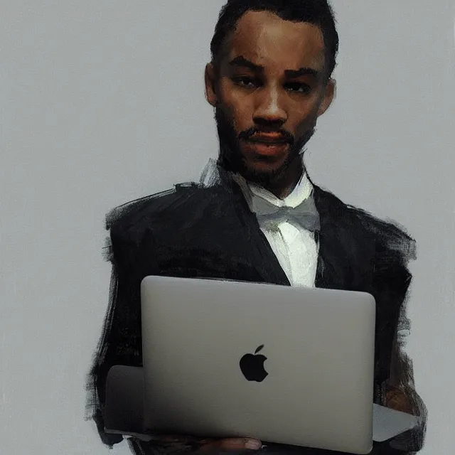 Image similar to a lightskinned black man with short hair, using a macbook, portrait, elegant, intricate, digital painting, artstation, concept art, smooth, sharp focus, illustration, art by konstantin korovin and daniel f. gerhartz and john howe