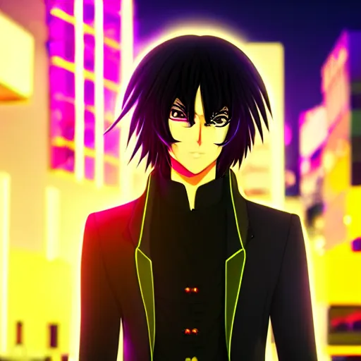 Prompt: Lelouch Lamperouge in a neon city, octane render 8k, atmospheric render, myserious man, professional render