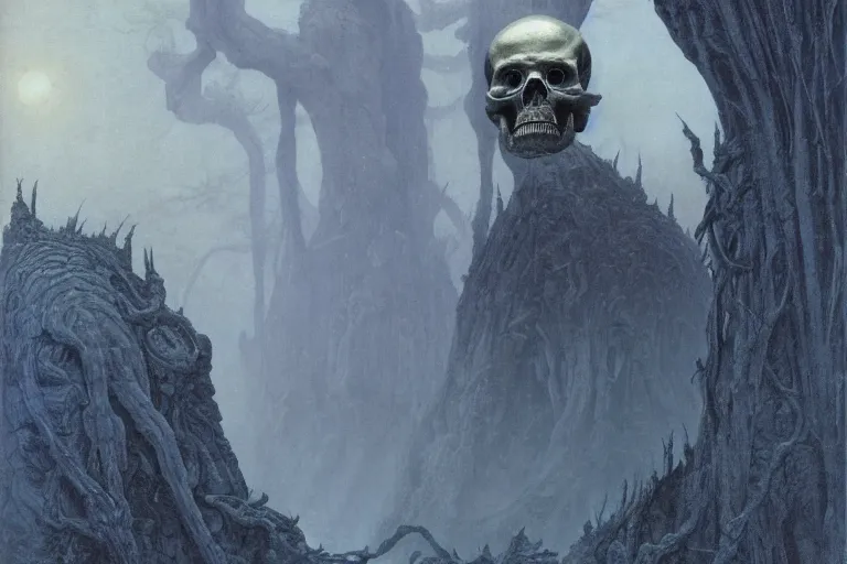 Prompt: intricate, smooth, large metallic skull atop coil of smooth spinal columns, inside a dark room, style by caspar david friedrich and wayne barlowe and ted nasmith.