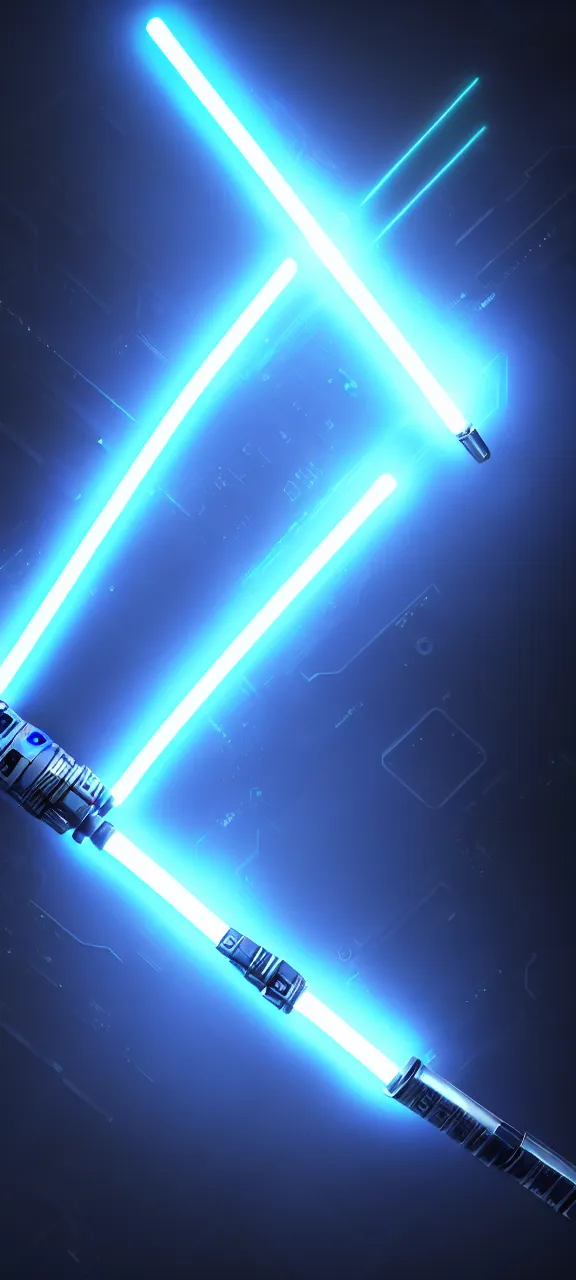 Prompt: detailed cinematic render, of a blue cyberpunk lightsaber lying vertically, in a dark room, photo from above, octane render 8 k, digital art, lightsaber wallpaper 4 k, ray tracing, jedi fallen order lightsaber wallpaper 4 k, cal kestis lightsaber wallpaper