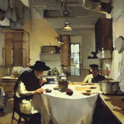 Prompt: a busy kitchen by mead schaeffer