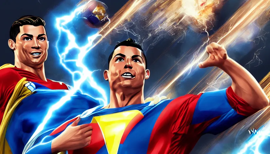 Image similar to Cristiano Ronaldo is Shazam, hyperdetailed, artstation, cgsociety, 8k