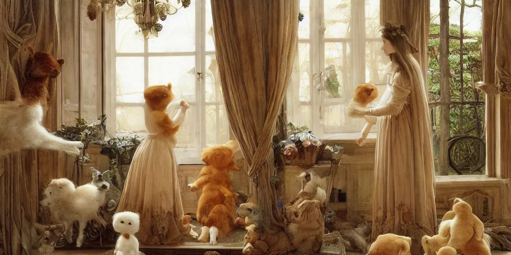 Prompt: 3 d precious moments plush animal, realistic fur, at the window, master painter and art style of john william waterhouse and caspar david friedrich and philipp otto runge