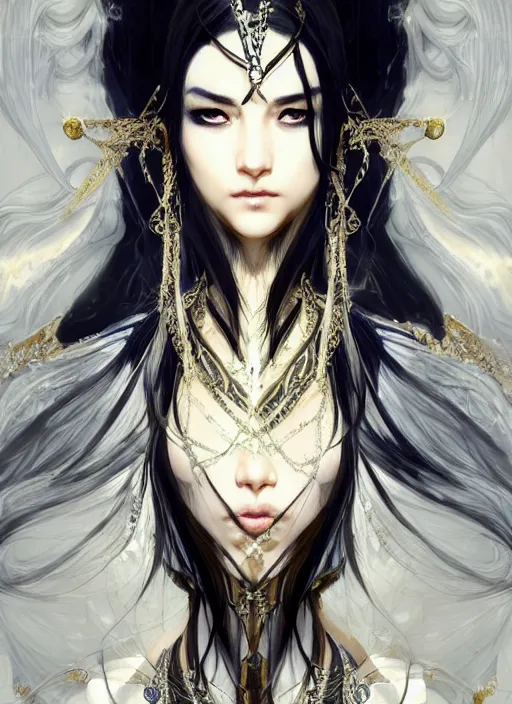 Image similar to Half body portrait of a beautiful elven healer with long straight black hair wearing ornate white and gold attire. In style of Yoji Shinkawa and Hyung-tae Kim, trending on ArtStation, dark fantasy, great composition, concept art, highly detailed, dynamic pose.