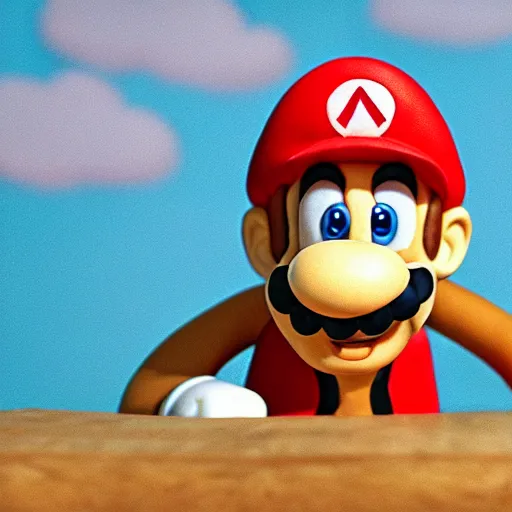 Prompt: Close up photo of ((Mario)) in a still from a Wallace and Gromit stopmotion animation, plasticine models, British stopmotion, high quality, a bit desaturated colors, art by Aardman Animations, 4k