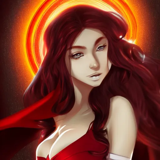 Image similar to Elizabeth as Scarlet Witch portrait, male anime style, illustrated by Avetetsuya Studios, intricate, detailed, photorealistic, trending on artstation, studio lighting, 4k, 8k