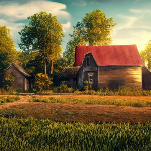 Prompt: country farm in the future, the image is like beautiful dream, 4k post-processing highly detailed, art station, unreal engine + cinematography by Wes Anderson, Wide angle shot, futuristic, volumetric light, Fuji film, intricate detail, hyperreal, hyperrealistic, 4K, Octane render, unreal engine cinematic, sublime atmosphere,