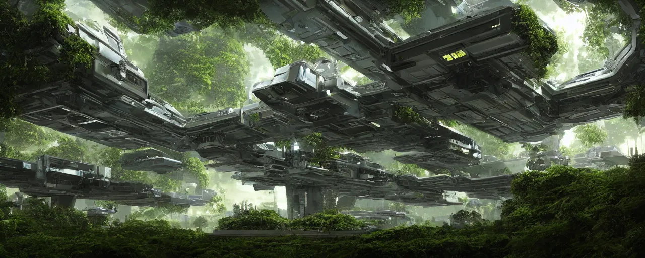 Prompt: a photo of a detailed science-fiction freight wide open architectural multi-level spaceship docking bay with balconies overlooking a dense green forest, with people working, looking out into space, 4k, unreal engine, concept art, matte painting, cosmic horror, nightmare,