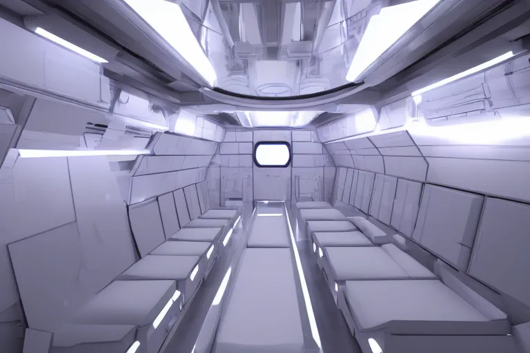 Prompt: interior of a space ship with cryogenic pods, volumetric lighting, atmospheric