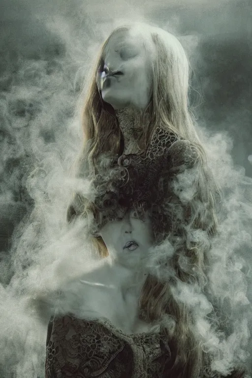 Prompt: 3 5 mm colour, italian looking emma, evil princess, victorian house, long brown hair, hyperrealism, octane render, weird, odd, strange, creepy, extremely detailed, intricate smoke magic, lace, silk, style of david cronenberg, hyung tae, frank frazetta