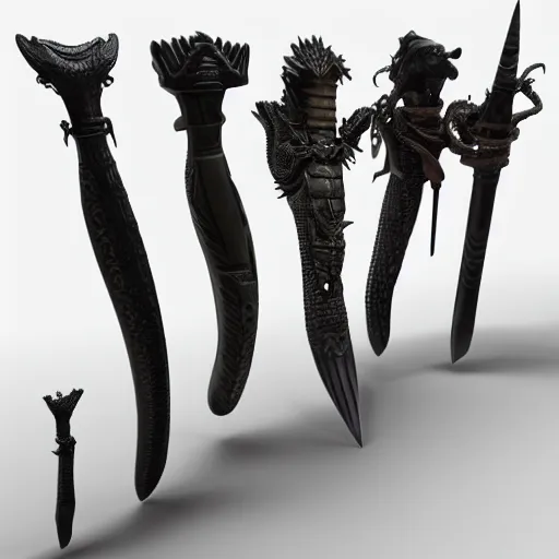 Image similar to a 3d model of a long sword in the center, with dragon like handle