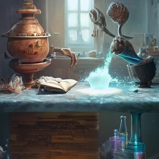 Image similar to hyper real, table, wizards laboratory, greg rutkowski, mortar, pestle, scales with magic powder, energy flowing, magic book, beakers of colored liquid, tony sart