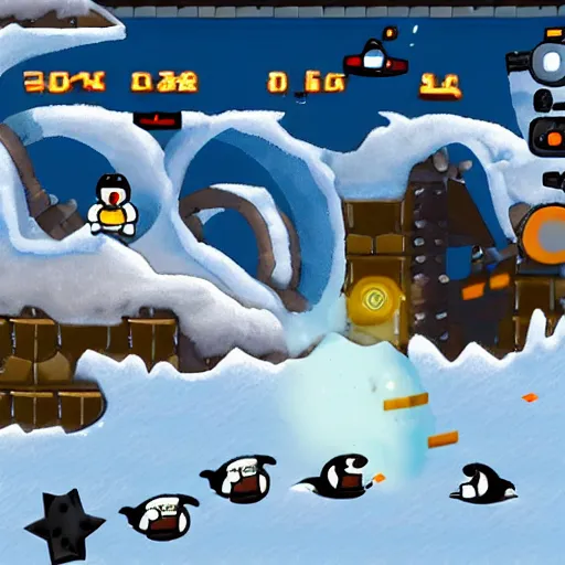 Prompt: videogame featuring penguins using jetpacks to collect coins