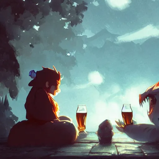 Image similar to a dwarf and a dragon drinking a beer together | gapmoe kuudere moody lighting stunning bokeh highlights sharp contrast | trending pixiv fanbox | by greg rutkowski makoto shinkai takashi takeuchi studio ghibli