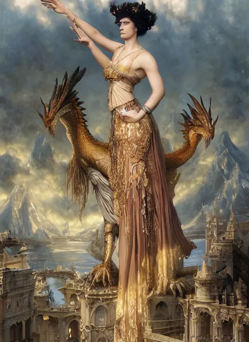 Prompt: a painting of a beautiful queen in fantastic dress next to a dragon, photorealistic painting by Jaime Jones, Tom Bagshaw,Lawrence Alma-Tadema,greg rutkowski,deviantart contest winner, fantasy art, daz3d,intricate,elegant,highly detailed,8k,digital painting,concept art, sharp focus, illustration,golden ratio