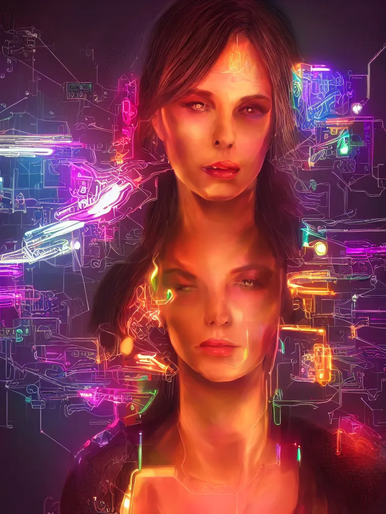 Prompt: Portrait, digital art, tarot style, a single woman with cyberpunk implants neon bright, complex neural pathways, realistic, ultra detailed, royalty, wlop style, antview, 4k, wallpaper,