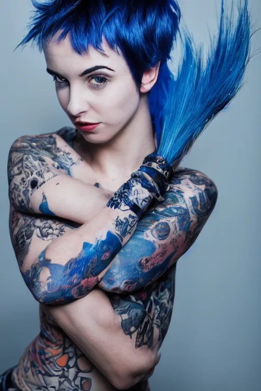 Image similar to photo of young cute punk woman with blue pixie cut posing, hyper detailed