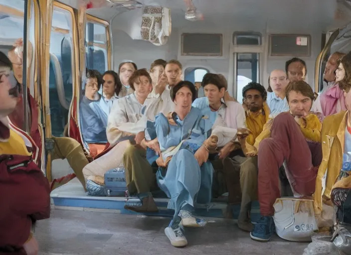 Prompt: First image from Wes Anderson's new film Transit, starring Emile Hirsch. Cinematography by Robert Yeoman, shot on Kodak Vision 200T. 8k print.