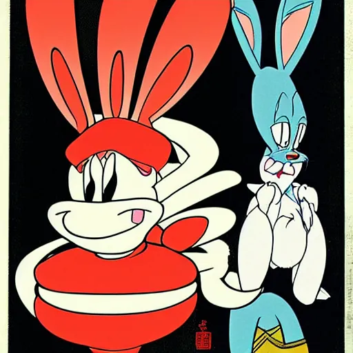 Image similar to bugs bunny, daffy, porky pig, ukiyo - e style,