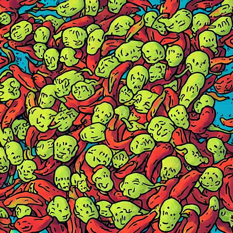 Image similar to “ ghost peppers stacked up in the style of the art of hylics ”