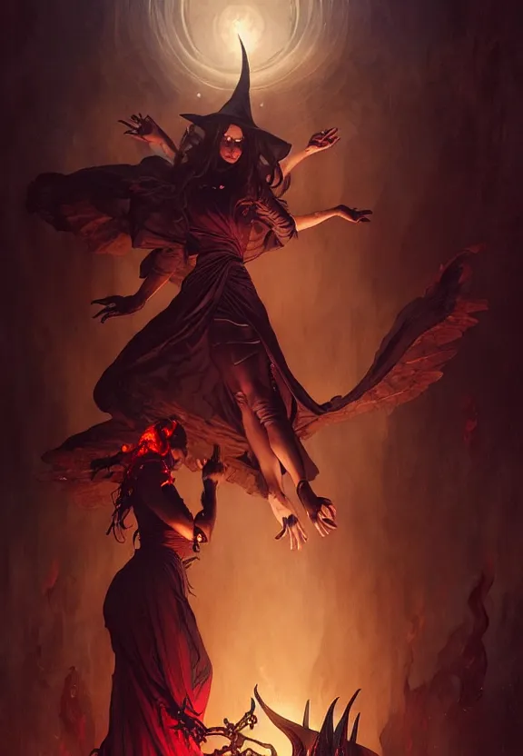 Prompt: occultist witch conjuring a demon, fantasy magic, dark light night, intricate, elegant, sharp focus, illustration, highly detailed, digital painting, concept art, matte, art by wlop and artgerm and greg rutkowski and alphonse mucha, masterpiece