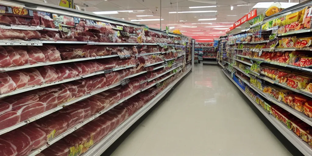 Image similar to inside a supermarket, fridges with ham