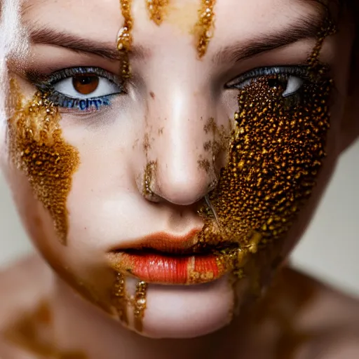 Image similar to photo shoot of a non clothes girl smeared in honey, high quality, high detail, professional shooting for a fashion magazine