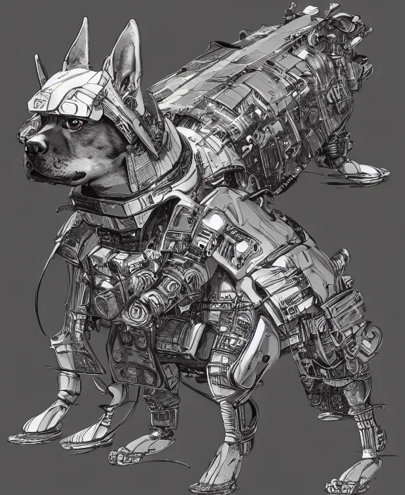 Image similar to a detailed manga style illustration of an armoured cyborg corgi dog, by moebius and stephan martiniere, 4 k resolution, detailed, unreal engine, octane render, trending on artstation