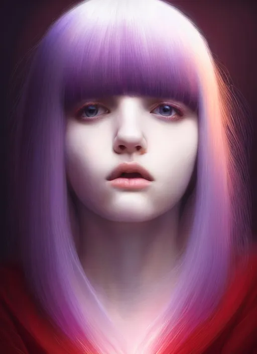 Image similar to hair whitebangs hair, black hair, whitebangs, portrait of teenage girl with white bangs, red irises, purple clothes, white bangs, bangs are different color from hair, intricate, elegant, glowing lights, highly detailed, digital painting, artstation, concept art, smooth, sharp focus, illustration, art by wlop, mars ravelo and greg rutkowski