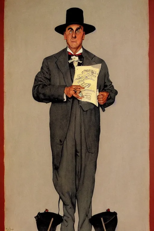 Prompt: magician pepo capel portrait by norman rockwell, 1900s magiacian poster style