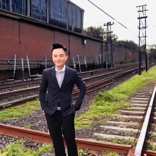 Prompt: justin sun tied to train tracks