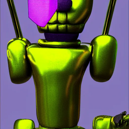 Prompt: a man inside a Spring Bonnie animatronic, starting out as green, glitching code with purple eyes, and slowly becoming more solid