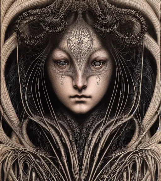 Prompt: detailed realistic beautiful dark goddess face portrait by jean delville, gustave dore, iris van herpen and marco mazzoni, art forms of nature by ernst haeckel, art nouveau, symbolist, visionary, gothic, neo - gothic, pre - raphaelite, fractal lace, intricate alien botanicals, ai biodiversity, surreality, hyperdetailed ultrasharp octane render