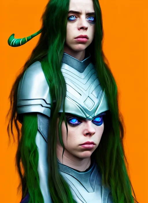 Prompt: Billie Eilish as Female Loki, very detailed, digital art, trending on artstation, smooth render, 8k octane render, digital illustration