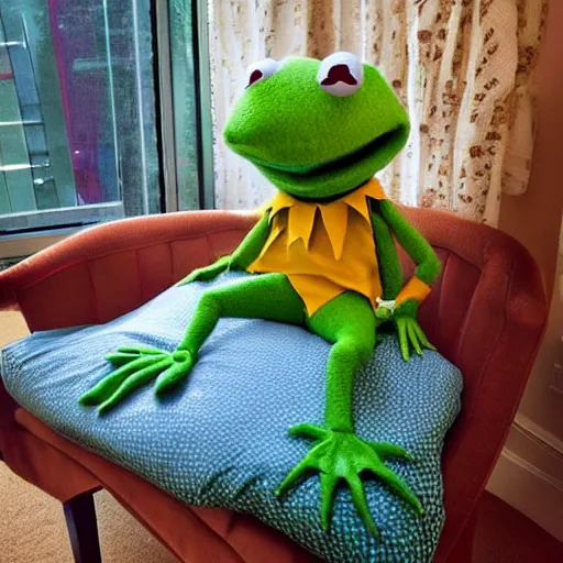 Image similar to “ kermit the frog, reclining on a chaise lounge, with the sun shining in the background, fabric, quilt ”