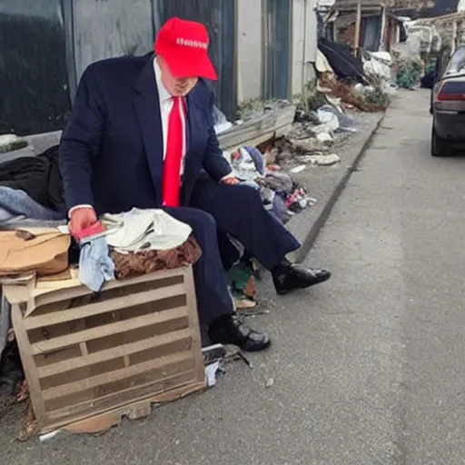 Image similar to donald trump dressed as a homeless man living in the slums