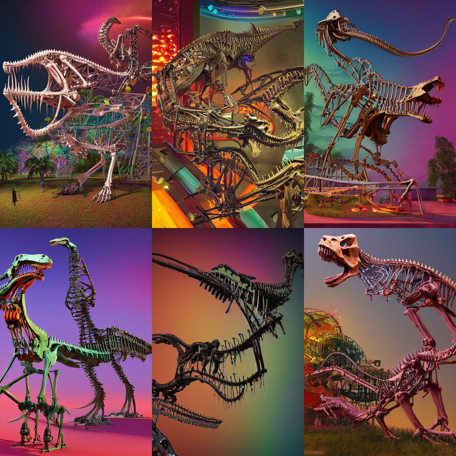 Prompt: Simple bionic exploded drawing dinosaur skeleton sculpture made from rollercoaster, with colorfull jellybeans organs, by david lachapelle, by angus mckie, by rhads, in a dark empty black studio hollow, c4d, at night, rimlight, rimight, rimlight, c4d, blender donut tutorial, octane