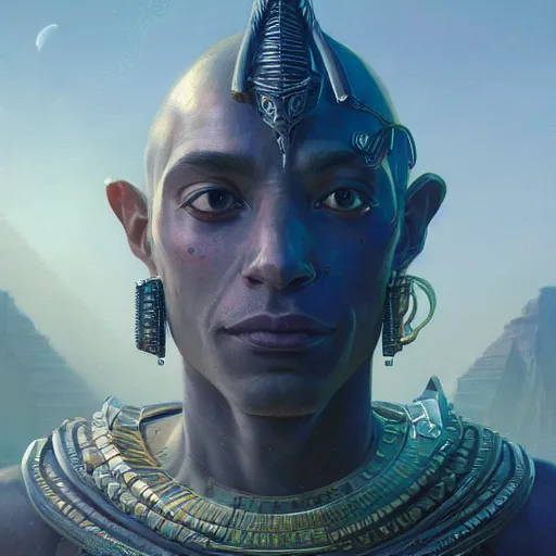 Image similar to highly detailed portrait of ra the egyptian god, intricate alien technology, stephen bliss, unreal engine, fantasy art by greg rutkowski, loish, rhads, ferdinand knab, makoto shinkai and lois van baarle, ilya kuvshinov, rossdraws, tom bagshaw, global illumination, radiant light, detailed and intricate environment