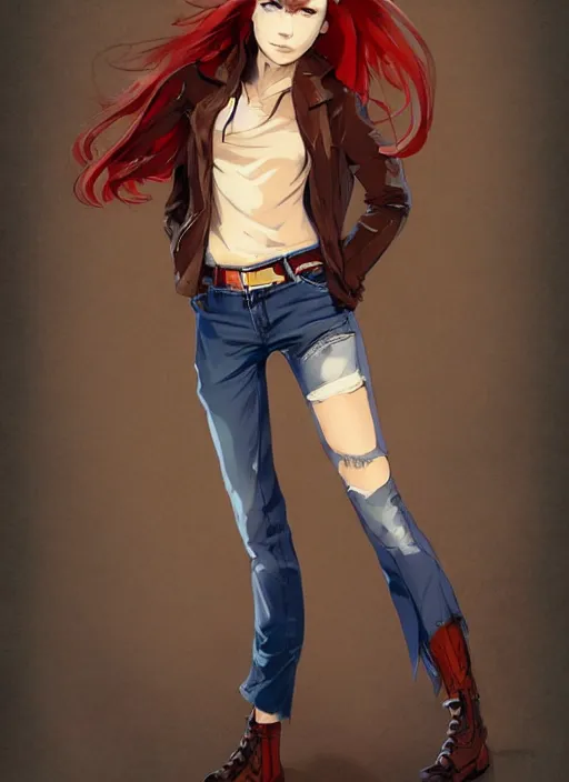 Prompt: full-body shot of an attractive tomboy girl with long, crimson red hair and red eyes, wearing a brown, open jacket and green jeans with a stern look, midriff, concept art, character design, by WLOP, by Ross Draws, by Tomine, by Satoshi Kon, by Rolf Armstrong, by Peter Andrew Jones