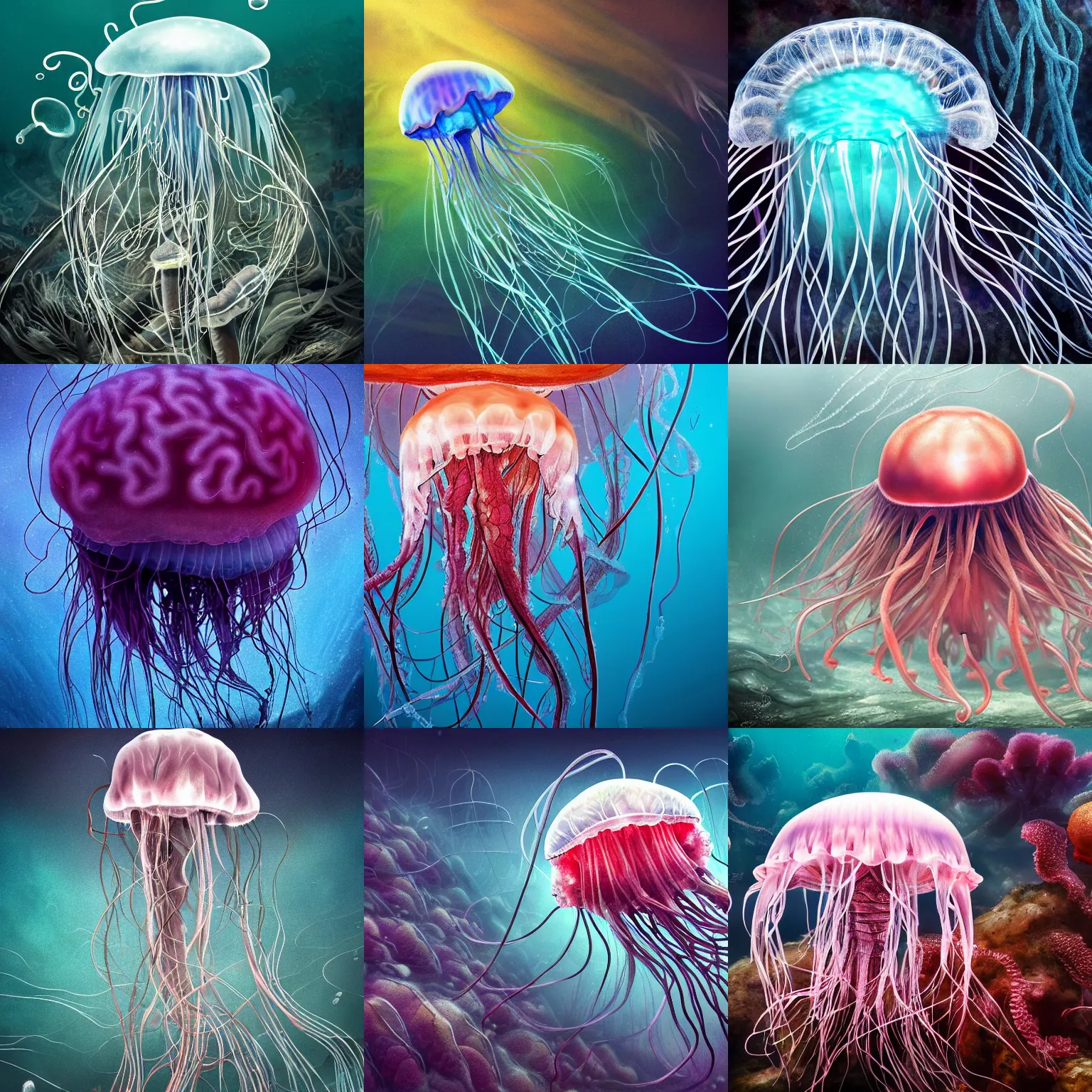 Prompt: jellyfish with an anatomical brain, brain visible, beautiful, epic, cinematic, wide shot, hyper realistic, detailed, digital art, underwater, luminescent, tendrils, seaweed, horror, masterpiece
