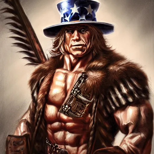 Image similar to portrait of a uncle sam barbarian, muscular, wild, upper body, d & d, fantasy, intricate, cinematic lighting, highly detailed, digital painting, artstation, concept art, smooth, sharp focus, illustration, art by hajime sorayama