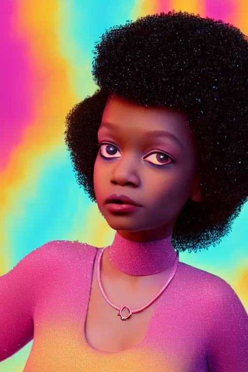 Image similar to a centered render of a cute cool afro disco girl from the seventies, by dreamworks, by pixar, by viktoria gavrilenko, by leticia gillett, by lois van baarle, perfect face, 3 d, 8 k