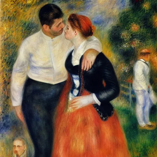 Image similar to art by renoir, real lgbt love, people wearing clothes