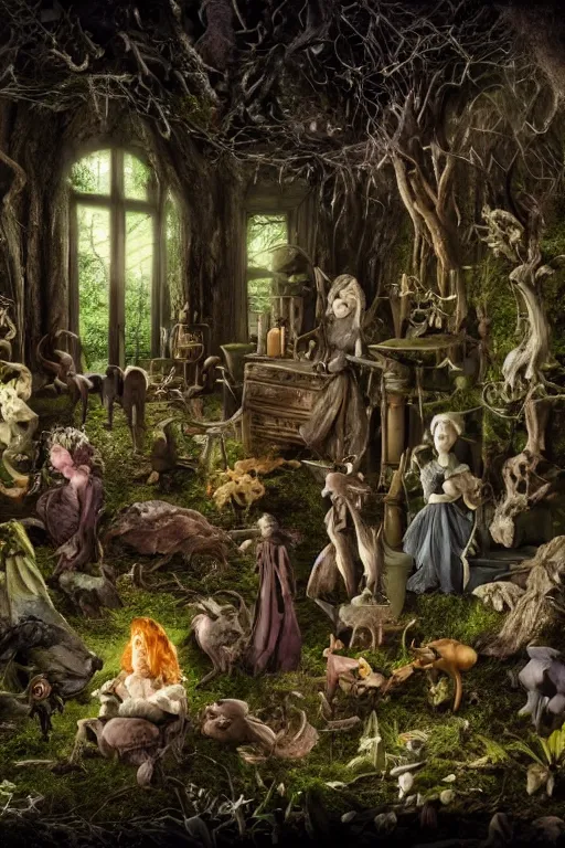 Prompt: a witch's atelier in a dark forest, with several broken statues of animals, HD, 4k, 8k, incredibly detailed, intricate, ominous, masterpiece,