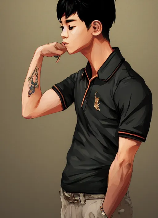 Prompt: a highly detailed illustration of fierce short black haired young asian man wearing polo shirt, dramatic thinking pose, lean, intricate, elegant, highly detailed, centered, digital painting, artstation, concept art, smooth, sharp focus, league of legends concept art, WLOP