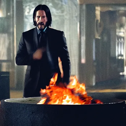 Image similar to cinematic still of John Wick burning a pile of CDs in John Wick (2009). shallow depth of field, cinematic