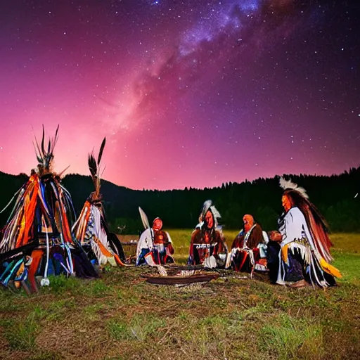 Prompt: native american indian pow wow at campfire under cosmic sky, epic award winning photographic still